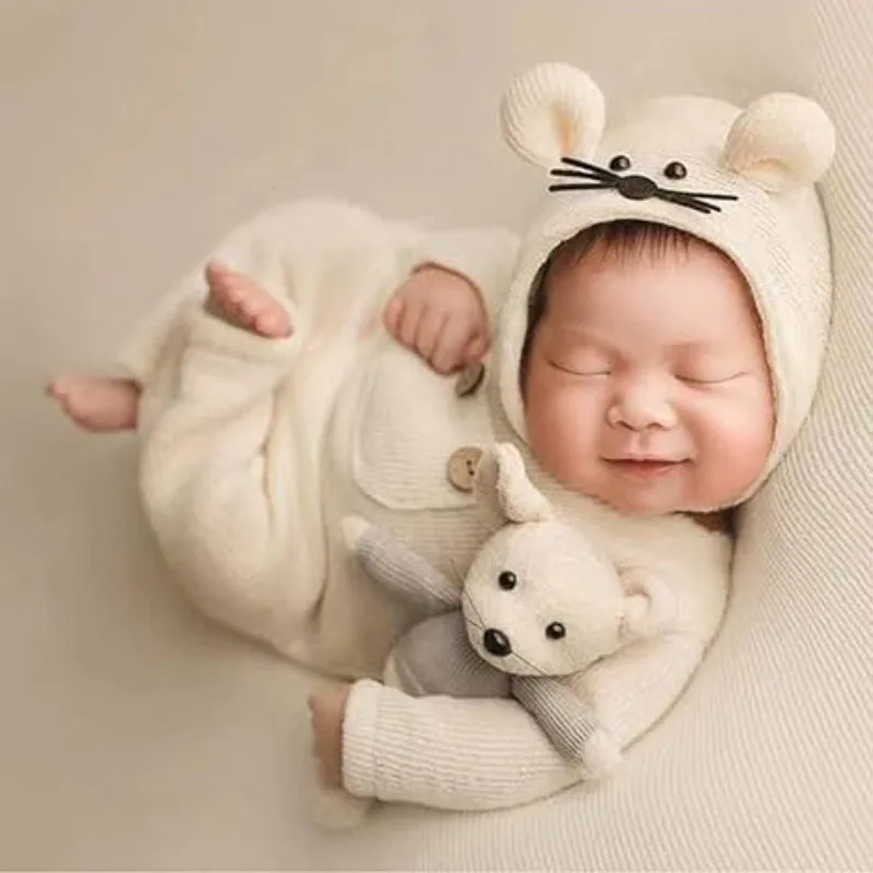 Newborn Photography Props Soft Knitted Romper Hat Rat Doll Set for Infant Photo Shoot New Style 3PCS