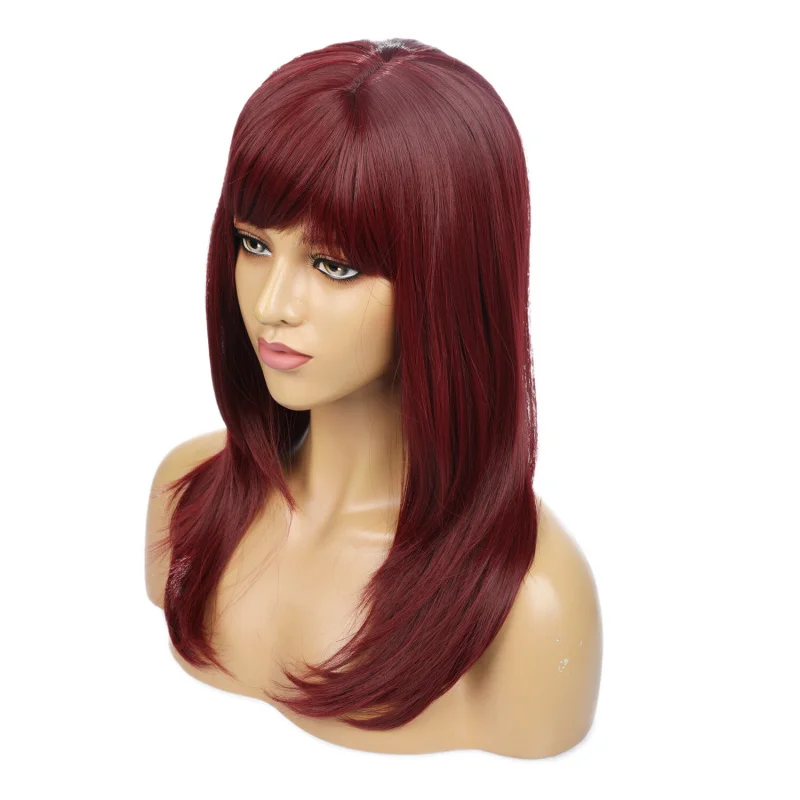 

21.6" Long Wine Red Hair Wigs High Temperature Fiber Wig With Bangs for Women