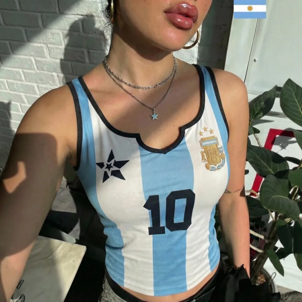 Light Blue Striped Plaid Argentina Flag Print Crop Top Women Summer New Hot Style Short Vest