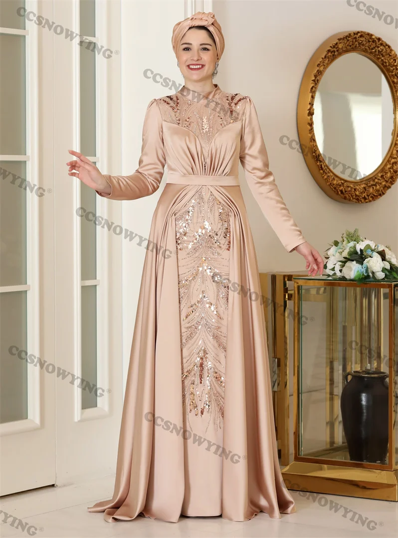 

Satin Appliques Beaded Hijab Muslim Evening Dresses Islamic Long Sleeve Women Formal Party Gown Arabic Dubai Moroccan Caftan