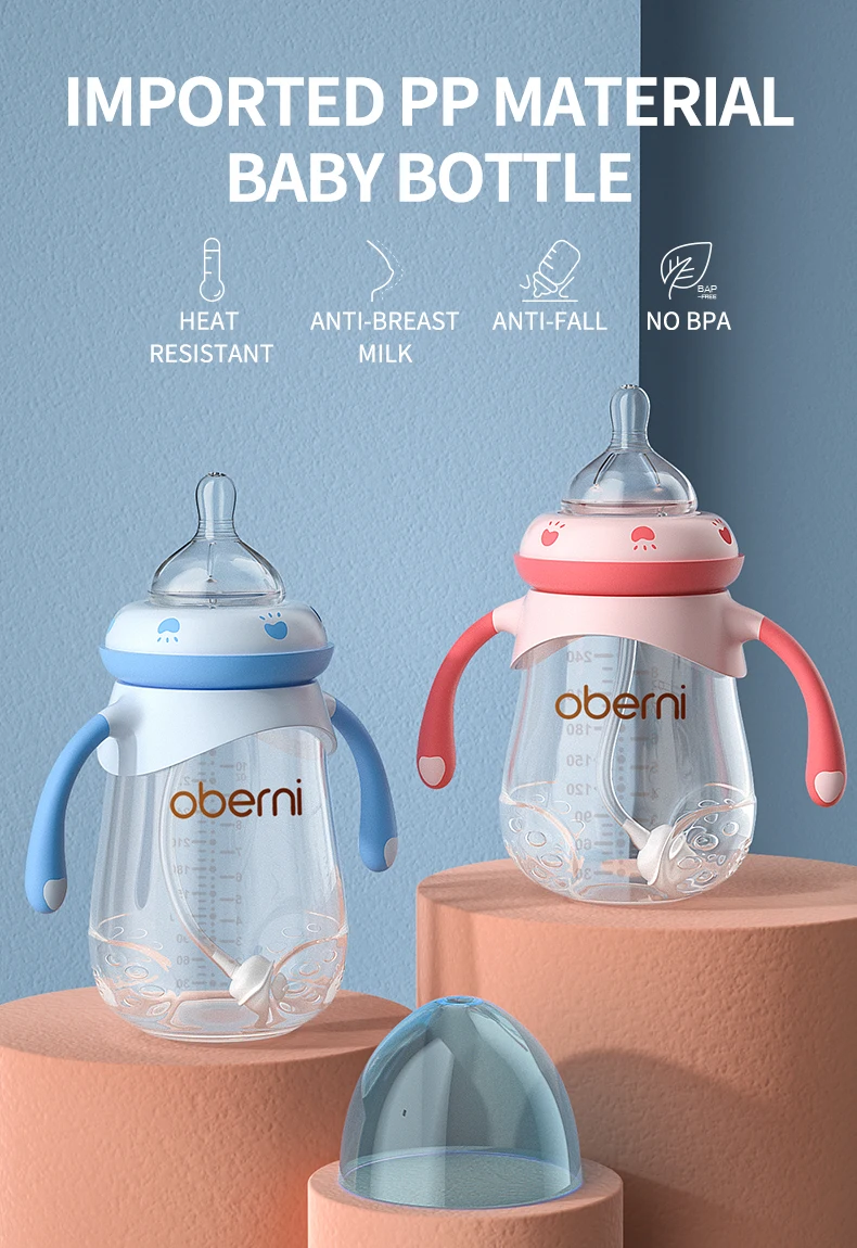 

Oberni PP baby bottle as Thanksgiving gift with straw handle for baby boy and girl feeding milk bottle with silicone pacifier