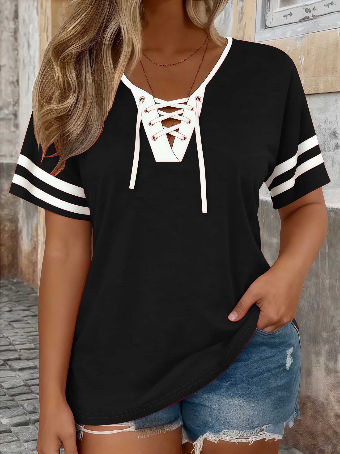 Women's Plus Size V-Neck T-Shirt with Cross Back, Striped Color Block Print, Loose Fit, Machine Washable for Spring Summer
