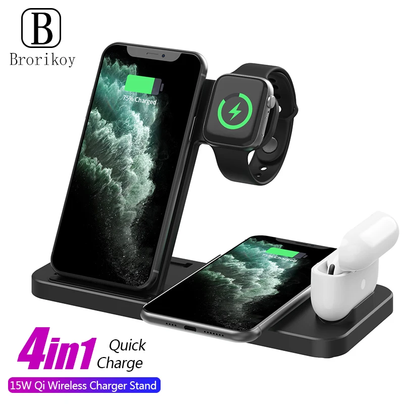 

15W Fast Wireless Charger Stand For iPhone 13 12 11 X 8 Apple Watch 4 in 1 Foldable Charging Dock Station for Airpods Pro iWatch