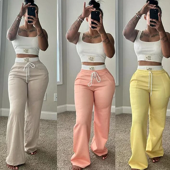 Two Piece Matching Set Contrast Waistband Loose Jogger Pants Women Streetwear
