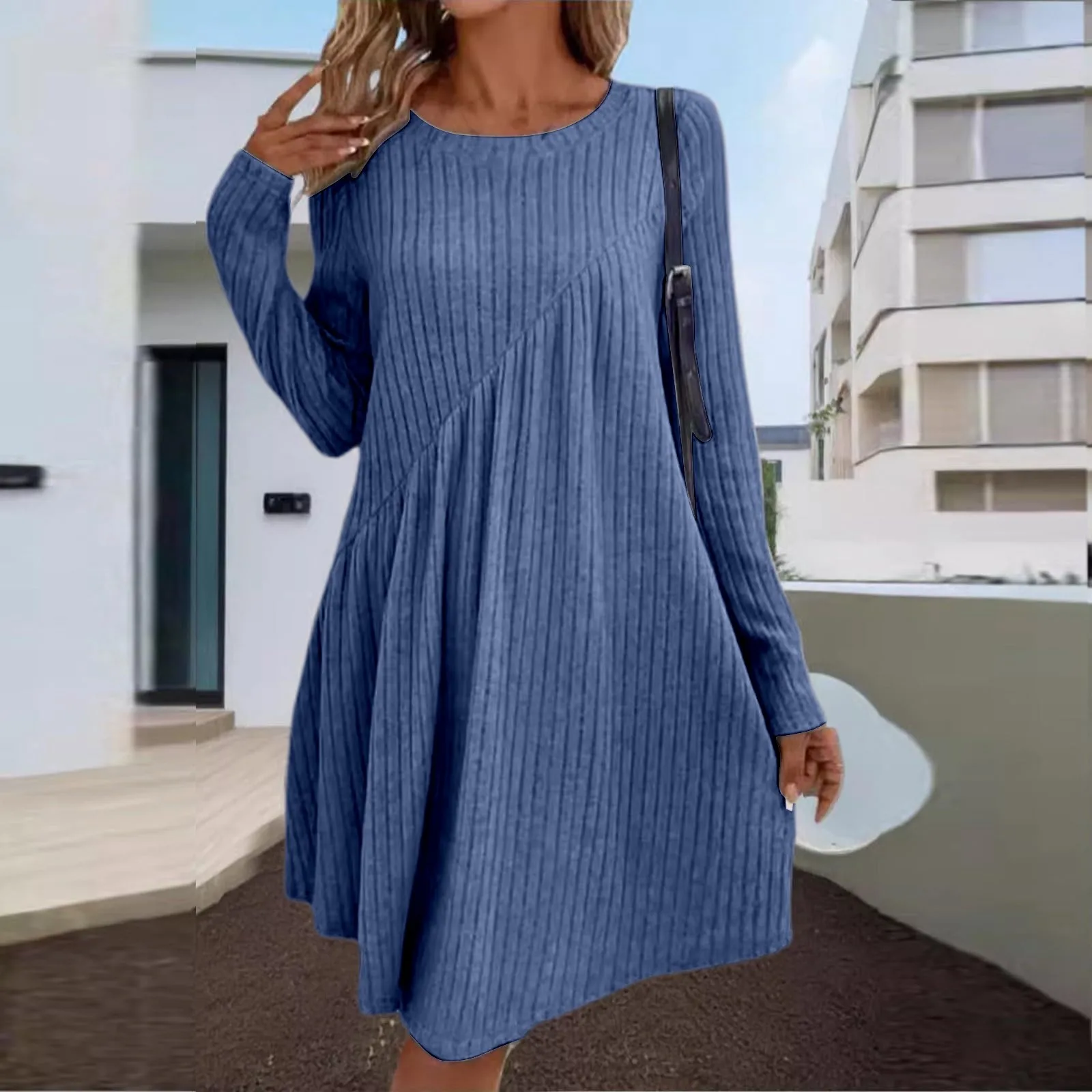 2025 Women's Spring Dress Solid Color Casual Irregular Brushed Stripe Dress Knee Length Dresses Ribbed Knitted Short Dress Solid