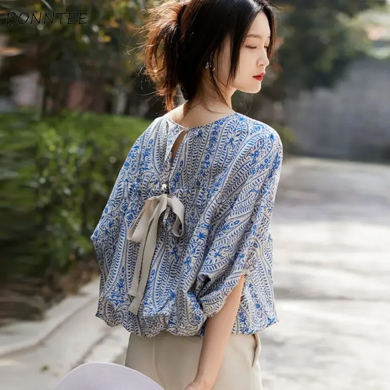 Paisley Blouses Women Vintage Bandage Literary Popular All-match Aesthetic Female Elegant Summer Batwing Sleeve Korean Style New