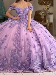 Customized Mexico Lilac Quinceanera Dress For 15th Year GIrls V Neck Floral Lace Up Sweet 16 Party Prom Gown Vestidos De XV Años