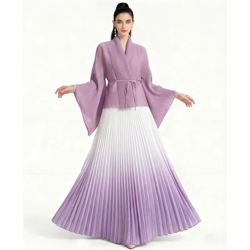 Miyake plissado conjunto de saia feminina 2026 europeu médio oriente novo plus size cardigan feminino superior plissado elástico saia longa 2 peças