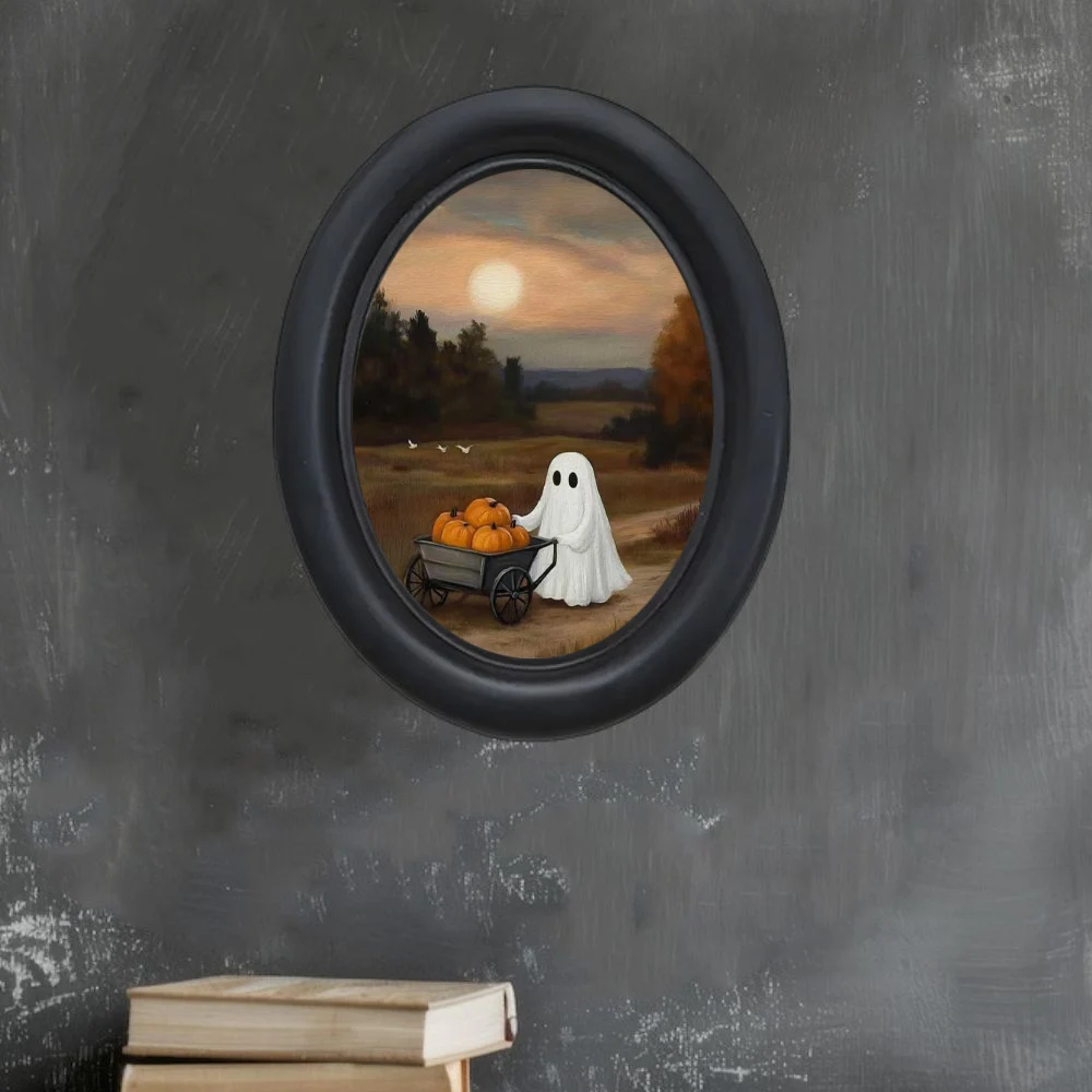 1 Piece 3D Ghost Pushing Cart Delivering Pumpkin Wall Art - Wooden Decoration (5.25 * 4.16inch), Oval Country Art, Oval Wall Decoration, Handmade Photo Transfer, Halloween Decoration, Christmas Decoration, Thanksgiving Decoration