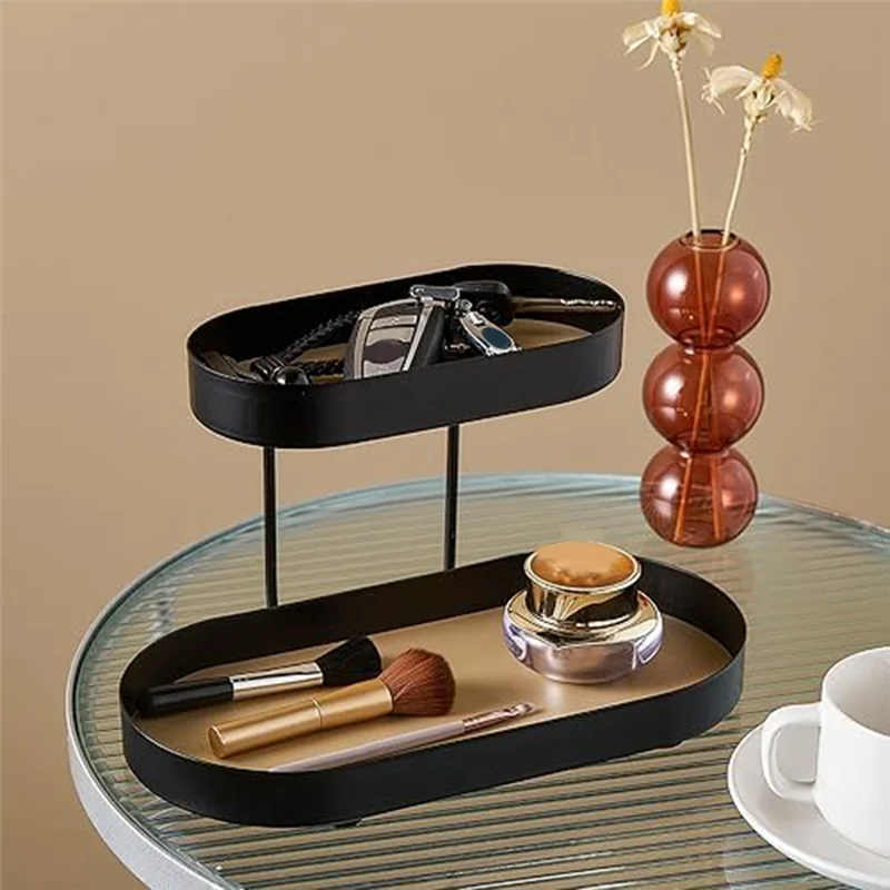 

Надежный кожаный железный черный лоток для духов-подставка для духов, органайзер для комода, двойная черная косметическая полка для хранения духов, прочная