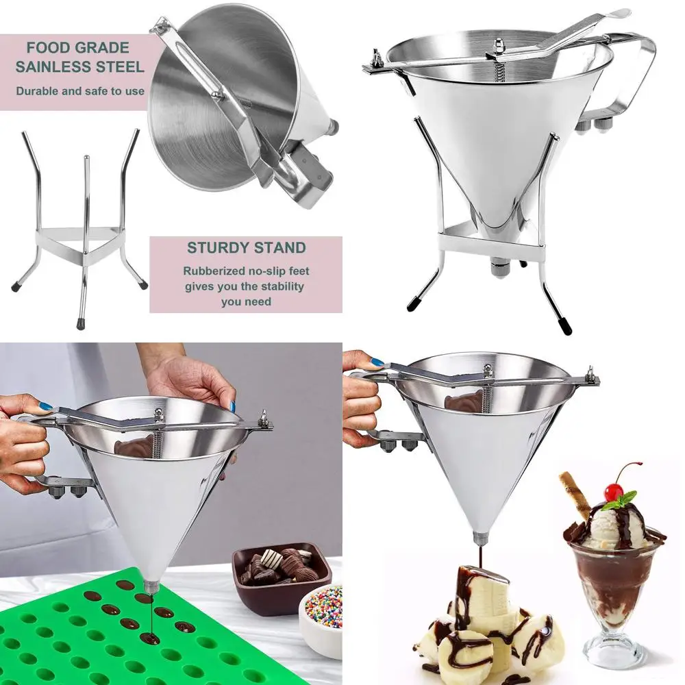 

Commercial Grade Stainless Steel Confectionery Funnel Set with Stand & 3 Nozzles for Cake Decorating and Bakery Precision