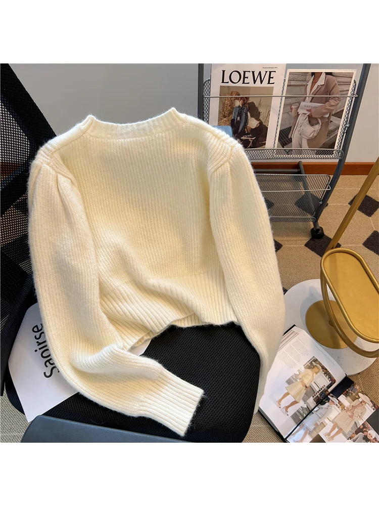 Autumn Winter Women Vintage Cropped Sweater Long Sleeve Korean Solid Color Knitwear 2000s Aesthetic O-Neck Pullovers Solid Color