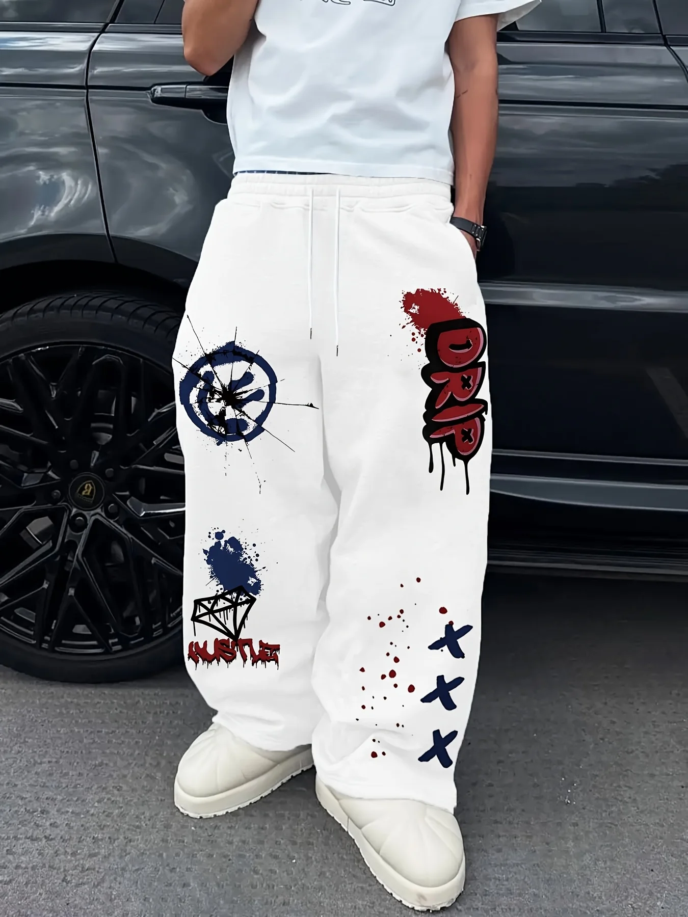 Herren-Freizeithose mit großem Rautenmuster, Weitbein-Design mit Kordelzug, Lockerer Schnitt, Modische Herrenbekleidung