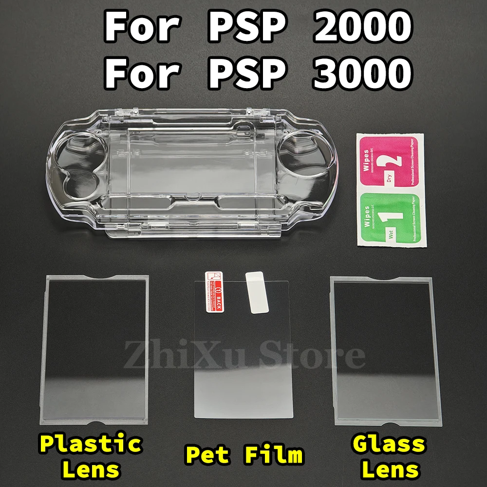 For PSP 2000 3000 Transparent Hard Carry Cover Case Snap-in Crystal Shell + Hd Faceplate Screen Front Lens Clear Protective Film