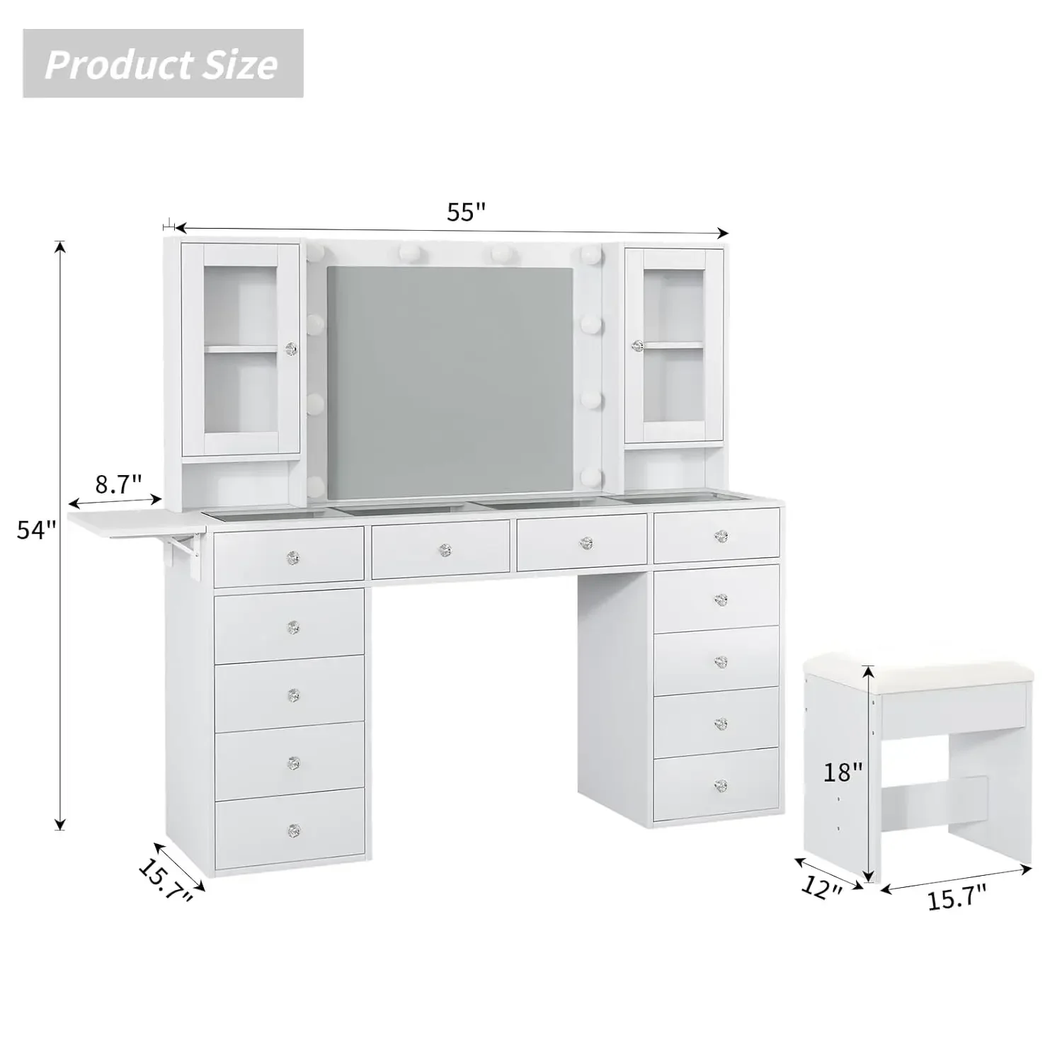 55''W Makeup Vanity Desk with Mirror and Lights, 12 Drawers, White | 3 Lighting Modes, Power Outlet, Glass Top, 2, Custom