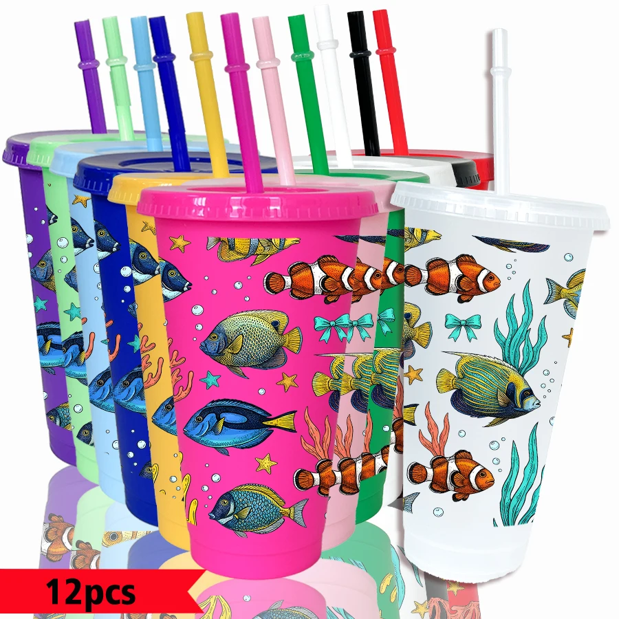 12pcs/pack Fish Seaweed Bubble Pattern 26oz Colored Plastic Party Cold Cups for Back-to-school Birthday Gifts