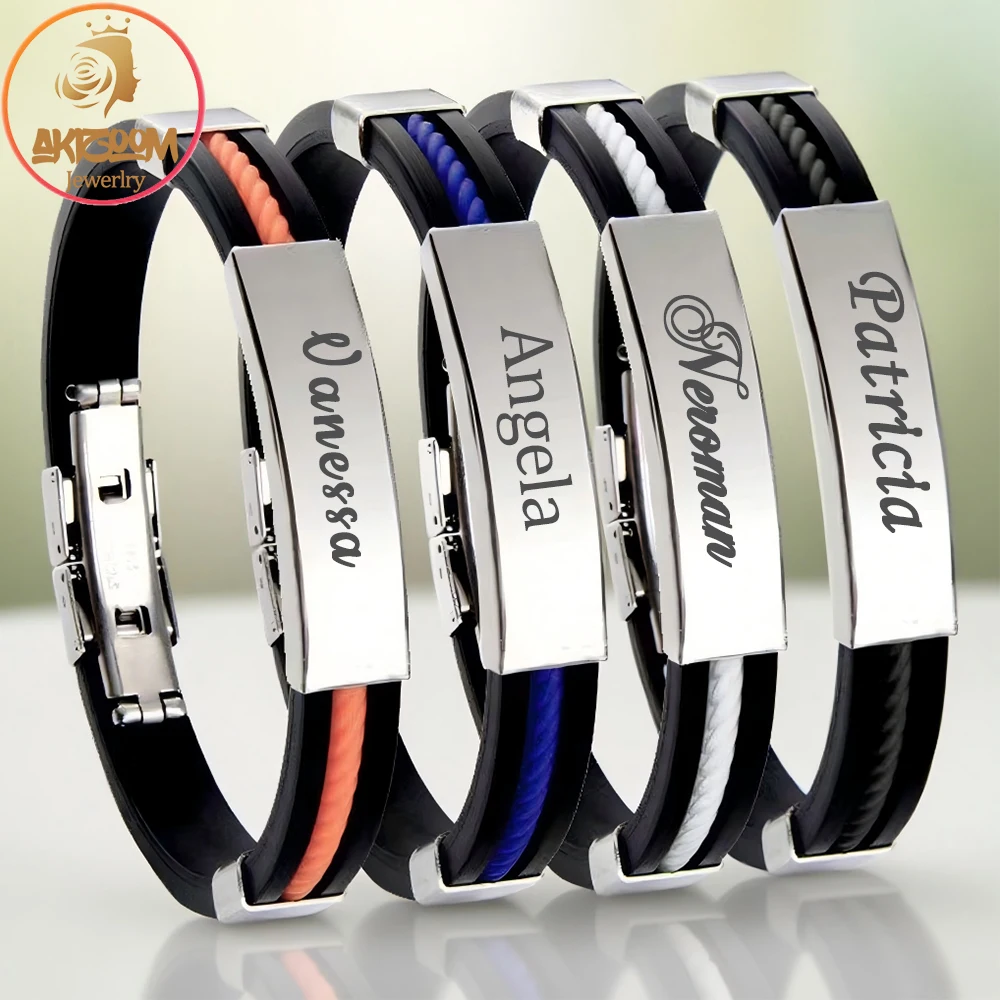 

Akizoom Personalized Engraved Name Punk Man Bracelets Bangle Stainless Steel Custom Name Cuff Bracelet For Women Jewelry Gifts