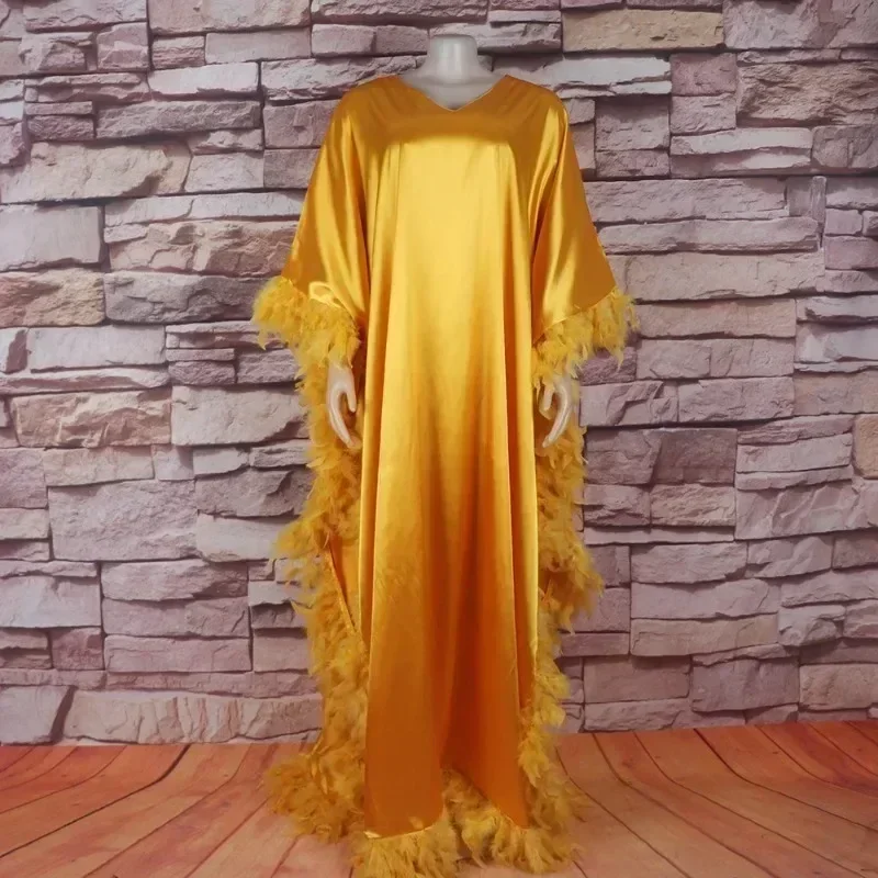 Feather African Dresses for Women 2024 Traditional Nigeria Wedding Plus Size Abaya Dubai Boubou Dress Muslim Robe Femme Clothes