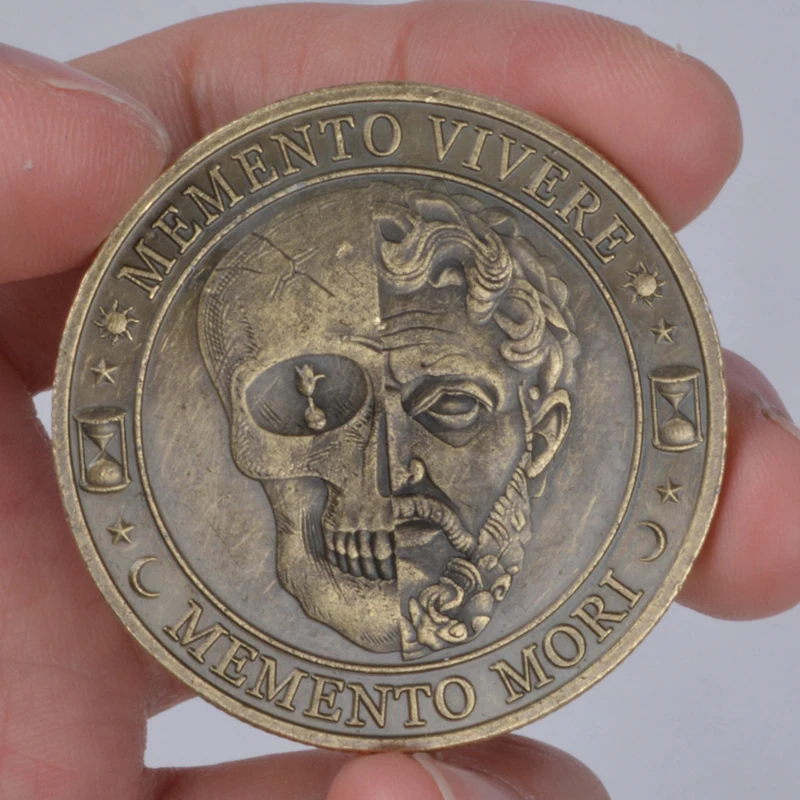 حياتك محدودة TEMPUS FUGIT MeMeNto Mori عملة معدنية عتيقة على شكل جمجمة تذكير تحمل عملات الرواقية الملهمة