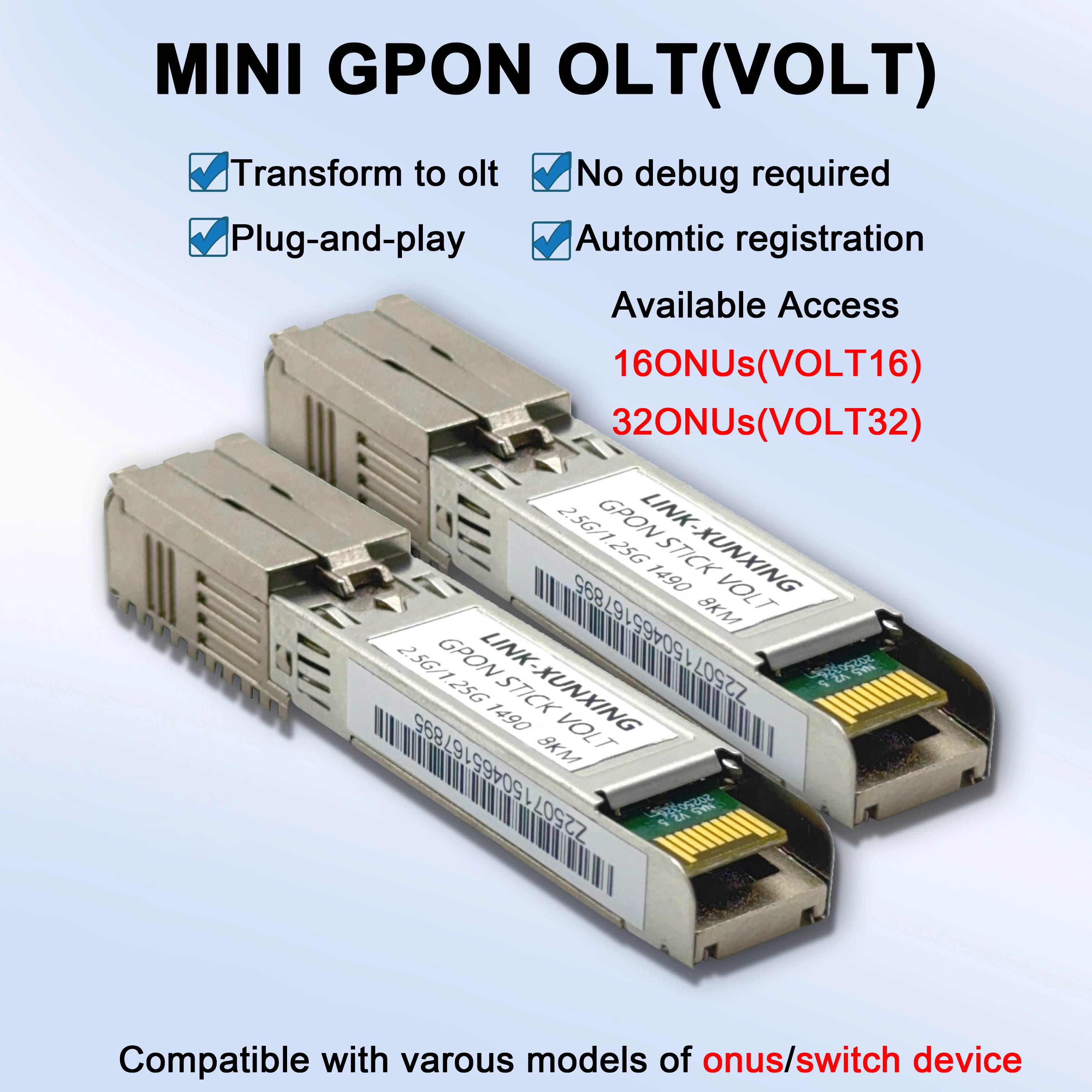 VOLT GPON MINI OLT Modular SFP+1.25G/2.5G stick8km optica moduleplug-and-play One module OLT SFP optical module support16/32onus