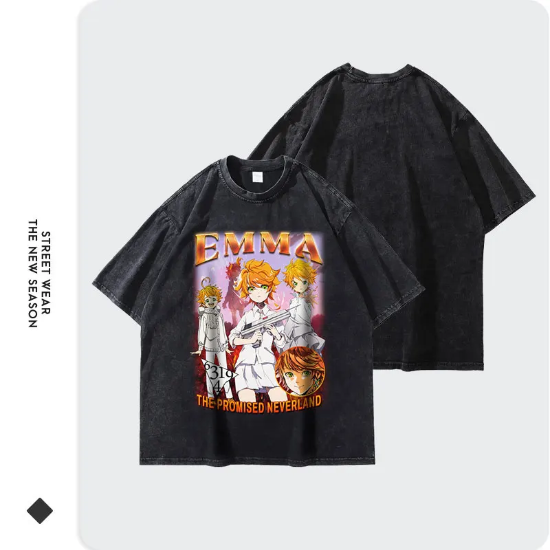 Anime The Promised Neverland T Shirt Vintage Washed Emma T-shirts Oversized Streetwear Manga Tops Tees Men Girl 100% Cotton