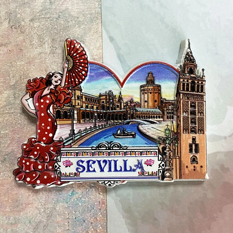 Seville Cathedral Flamenco dancers, Spanish souvenirs, 3D fridge magnets, Collection of arts and crafts gifts,