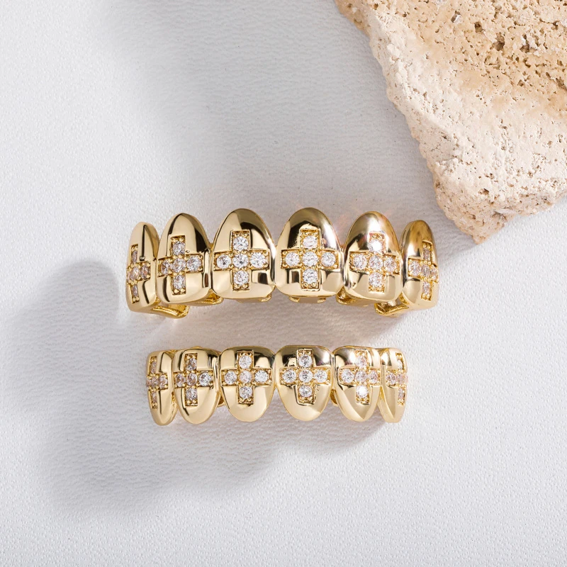 Hot New Hip-Hop Round Zircon Inlaid Cross Halloween Spooky Funny Big Gold Tooth Grillz Fashion Jewelry Suitable High-End Parties
