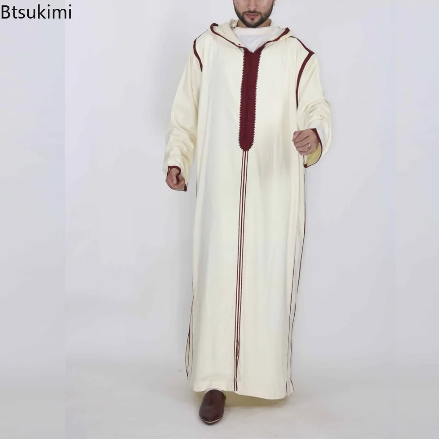 

New 2025 Muslim Men Clothing Eid Middle East Jubba Thobe Fashion Casual Abaya Islamic Arab Dress Long Sleeve Hooded Formal Robes