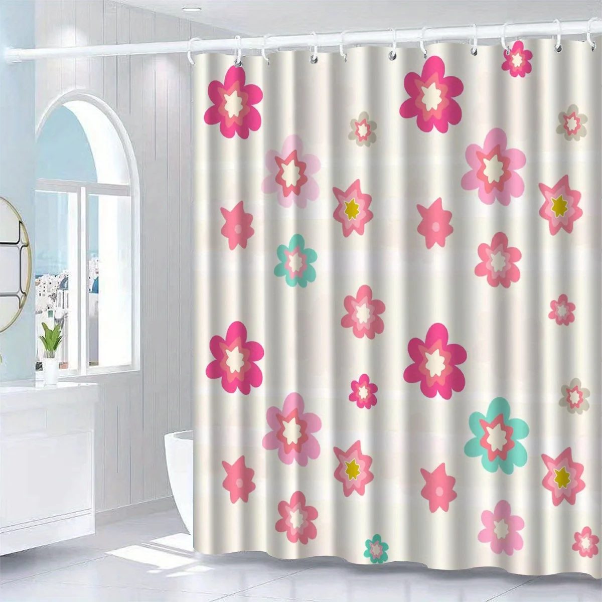 Cute Floral Shower Curtain, Soft Pastel Pink Spring Flower Art Design Warm Joyful Cheerful Household Bathroom Use Case At Home
