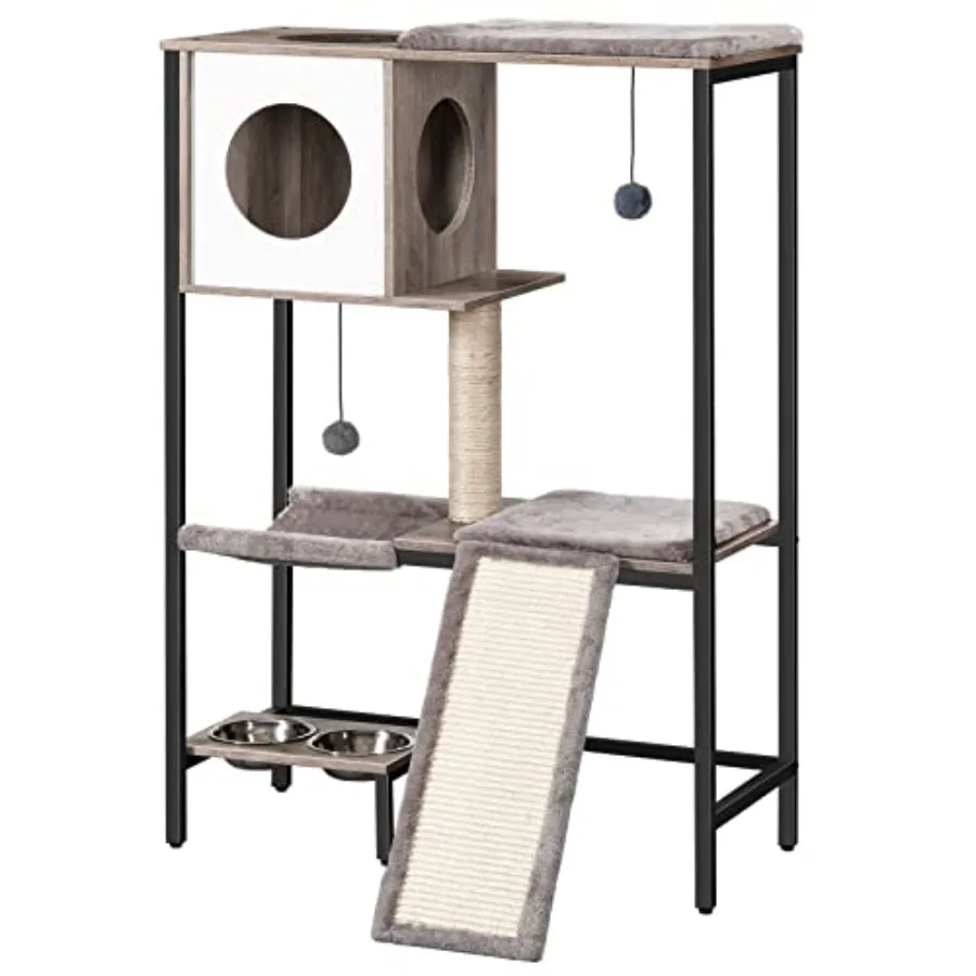 

Wooden Cat Tree 4-Tier Pet House with Scratching Post and Hammock for Indoor Cats Greige Multi-Cat Family Furniture with Food B