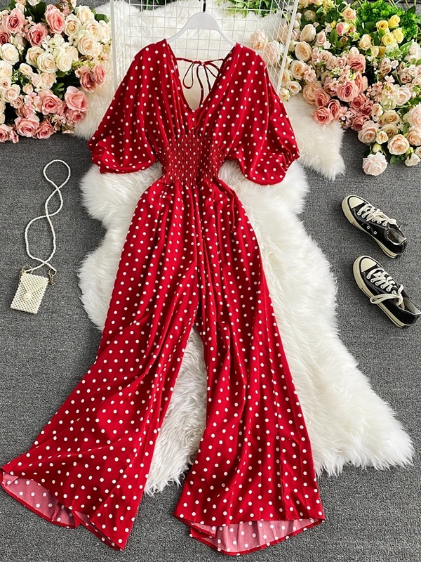 

Sexy V-Neck Batwing Sleeve Slimming Polka Dot Print One-Piece Pants High Waist Wide Leg Long Pants Women's Jumpsuit