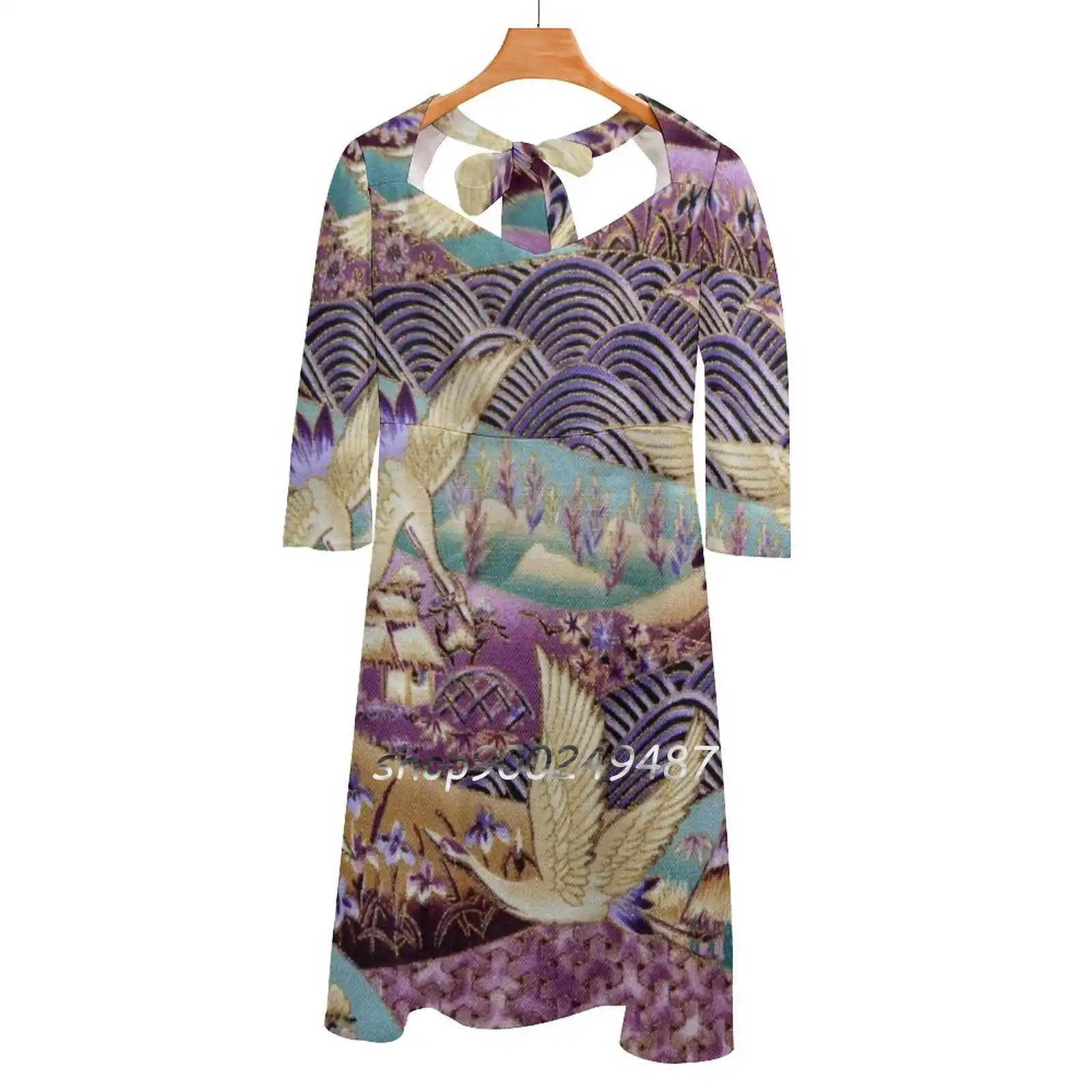 Japanse Crane Kimono Stijl Geborduurd Patroon Zoete Elegante Jurk Vrouwen Koreaanse Kawaii Vierkante Kraag Jurk Crane Japanse Vogel