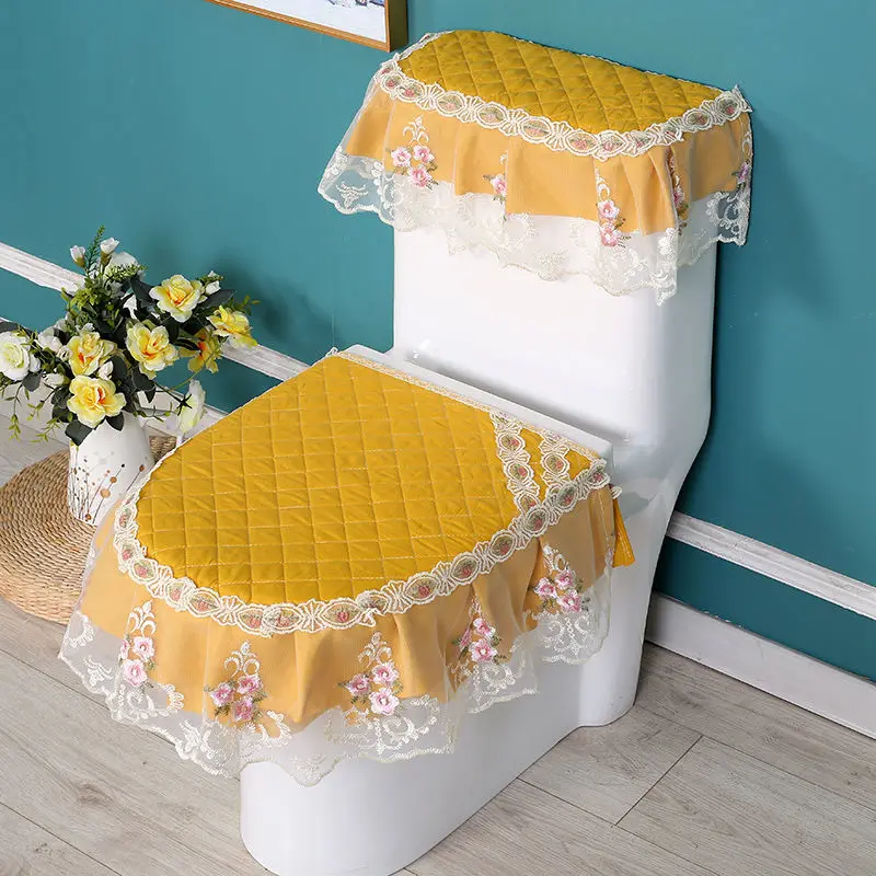 Fashion Solid Color Lace Decor Home Toilet Pad Light Luxury Style Zippered Toilet Seat Cushion Set Universal Cotton Toilet Cover