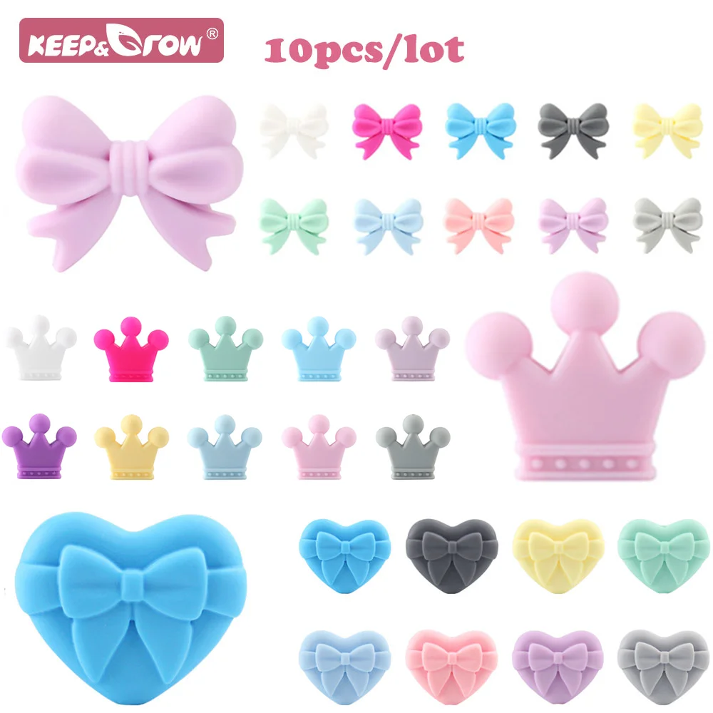 10pcs Baby Silicone Beads Heart Bow Crown Shape Teether BPA Free Food Grade Pacifier Chain Clip Necklace DIY Teething Accessory