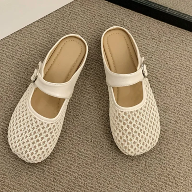 

Women's Fashion Baotou Shallow Mouth Mesh Cloth Breathable Metal Buckle Soft Sole Anti-slip Wear-resistant Flat Shoes