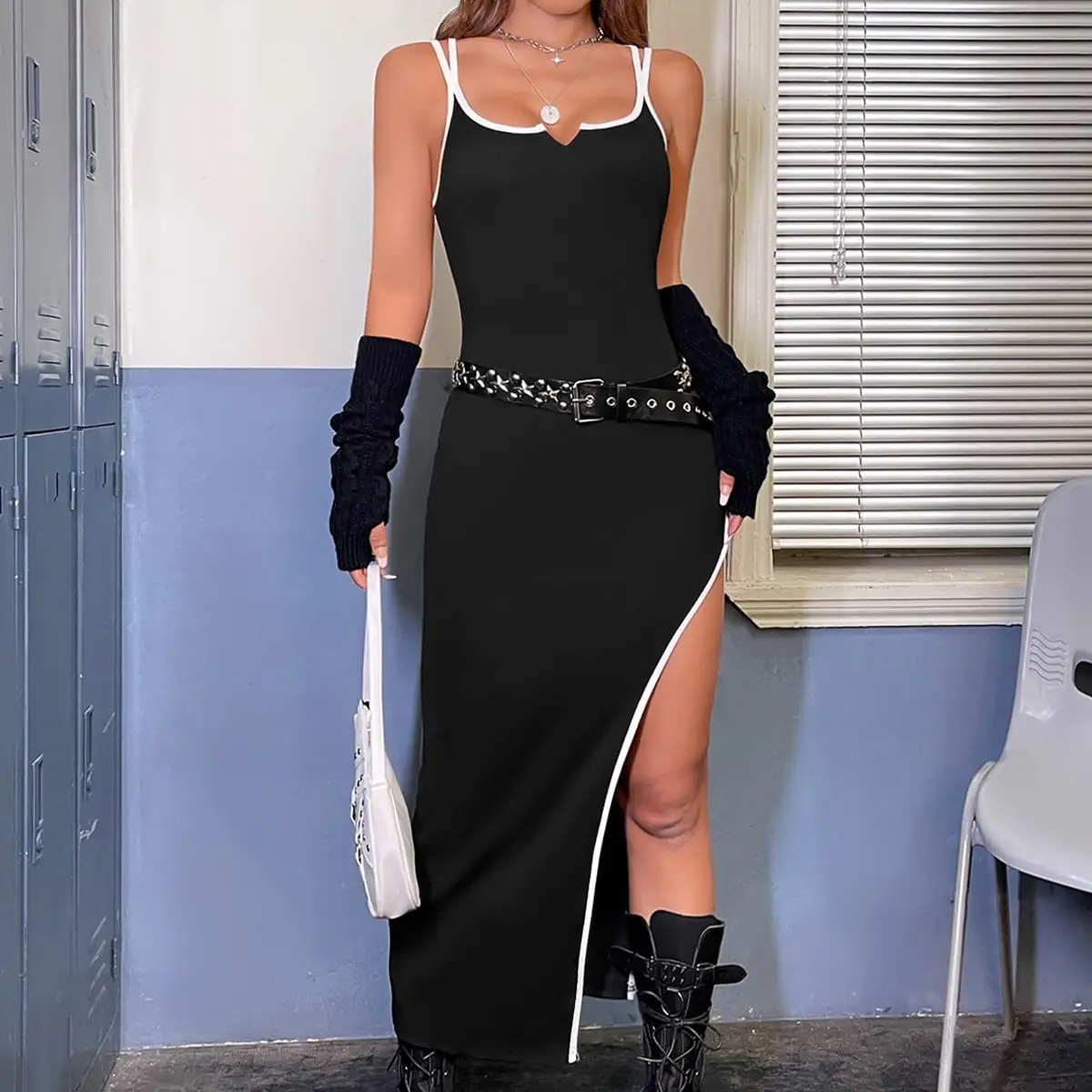 Vestido Halter negro Retro para mujer Primavera/Verano explosivo Spice Girl cintura adelgazante cintura envolvente cadera vestido Halter con cuello en V