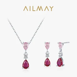 Ailmay 925 Sterling Silver Sweet Pink Water Droplet Zircon Pendant Necklace Earrings Set For Women Romantic Valentine's Day gift