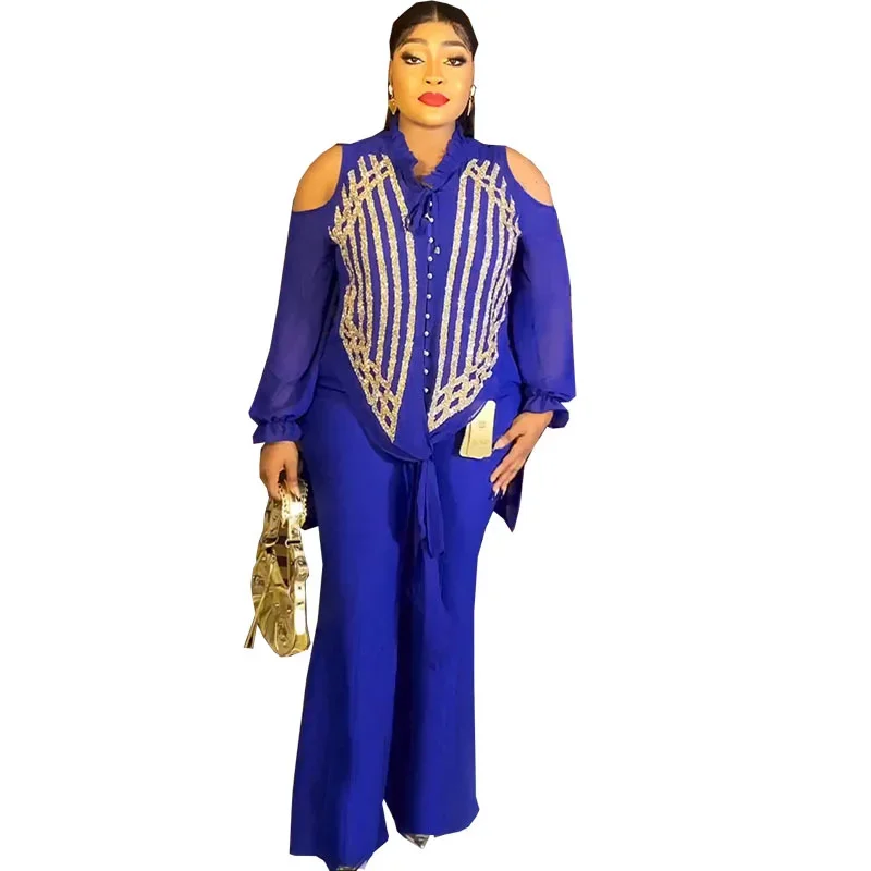 Roupas africanas para mulheres verão elegante africano manga longa azul amarelo vermelho branco 2 pçs define topo calça longa conjuntos de correspondência