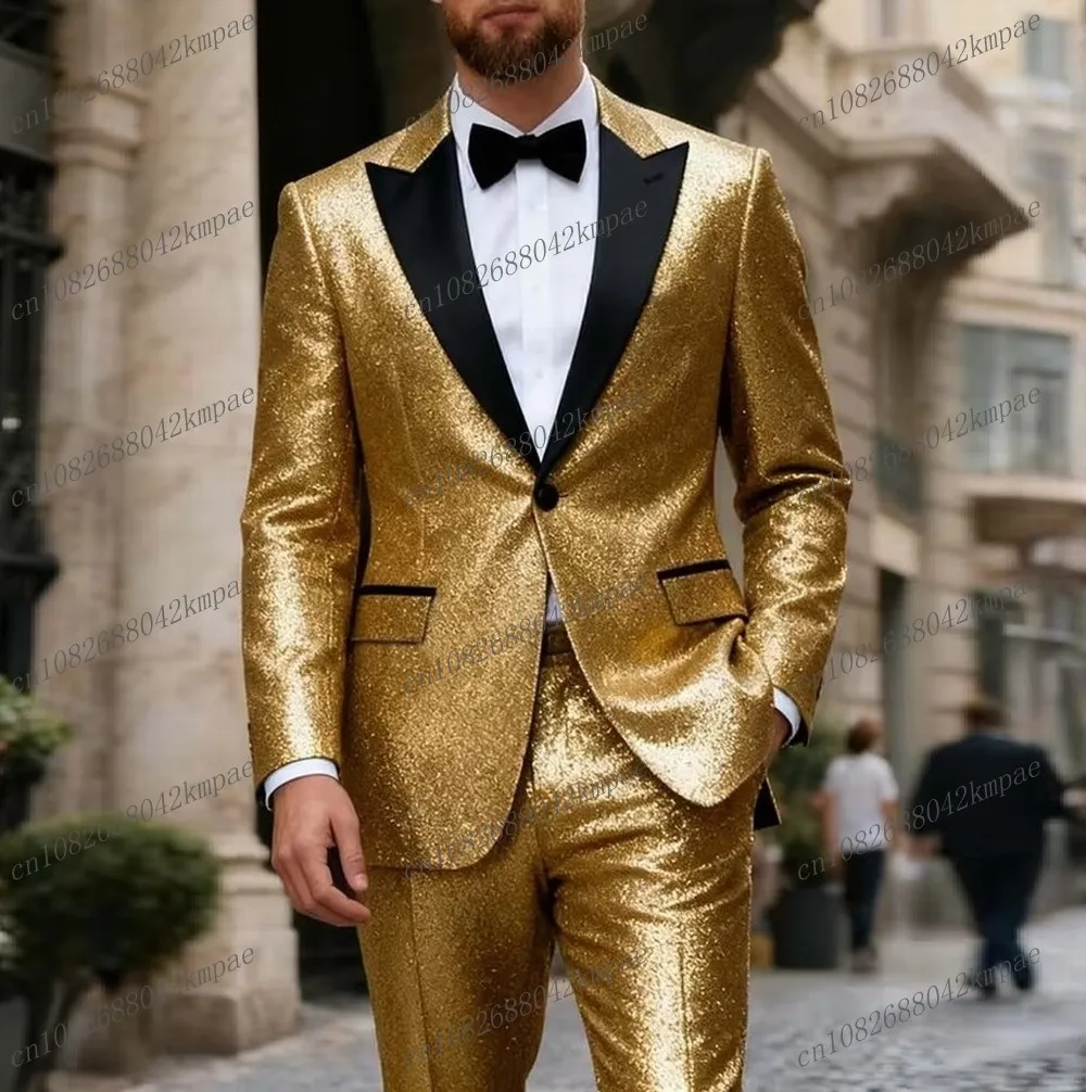 Costume doré brillant pour hommes, col noir, fête de mariage, marié formel, bal d'affaires, Tuxedos, ensemble 2 pièces, veste et pantalon