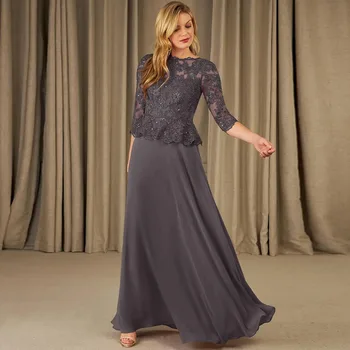 Chiffon Elegante Grijze Moeder Van De Bruid Jurken Jewel Hals Floor Lengte Drie Kwart Mouw Kralen Applique فساتين السهرة