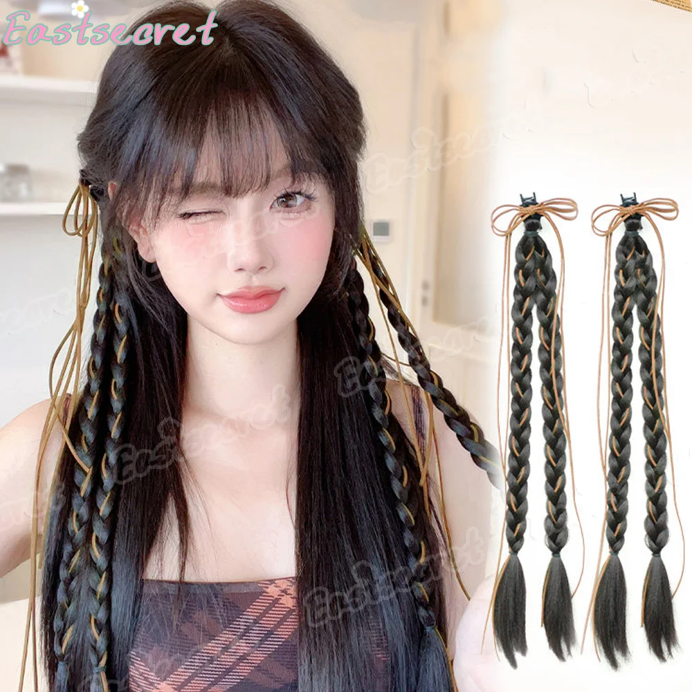 EAST Synthetic Wig braid ins style female bow ribbon double ponytail Fried Dough Twists braid hair ponytail hair ornament