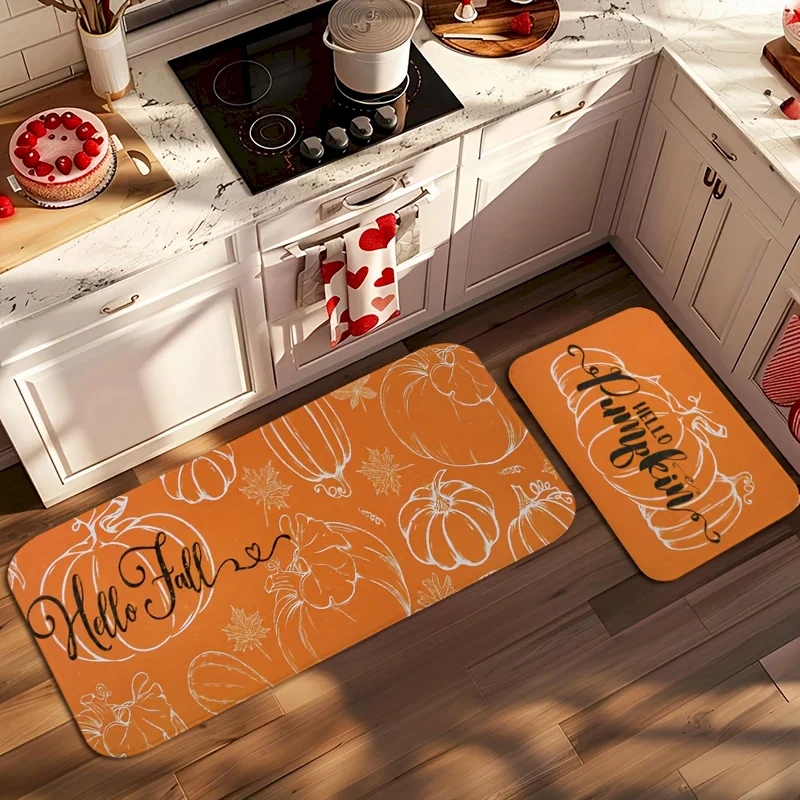 VIKAMA Halloween Orange Pumpkin Thread Carpet Entrance Non slip Carpet Autumn Harvest Floor Mat Home Decoration