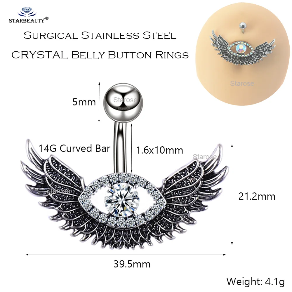 Starbeauty Blue CZ Eye Belly Button Rings Eagle Wing Navel Piercing Stainless Steel Belly Piercing Ombligo Body Jewelry 14G