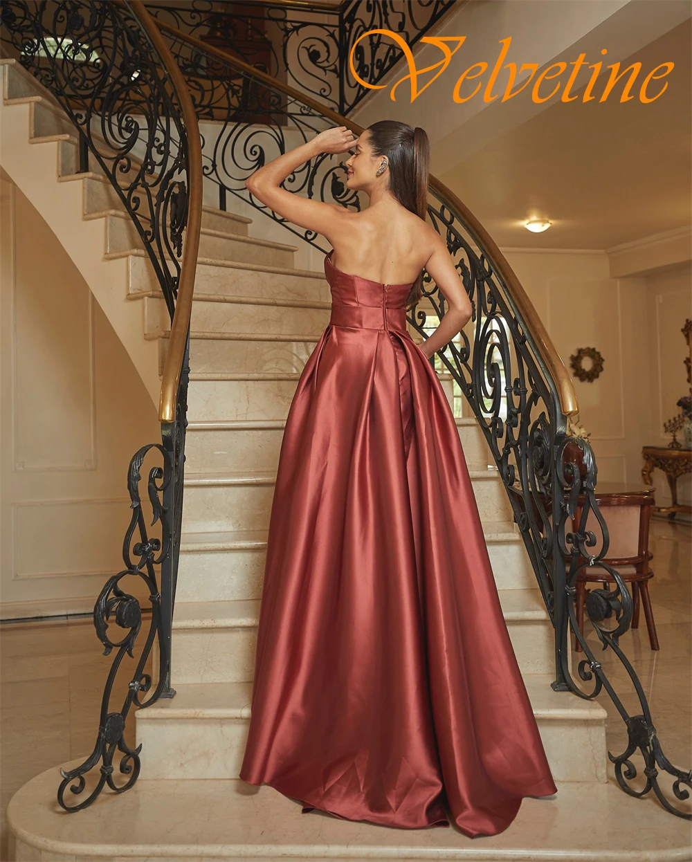 

Customized Luxury Satin Strapless Evening Dress Exquisite Sweep Train Prom Dresses Temperament Special Occasion Gowns