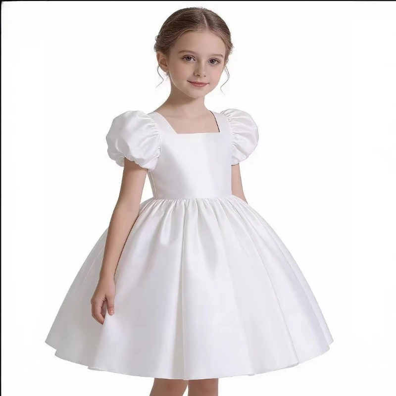 

2026 New Girls Evening Dress Children White Gown Satin First Birthday Formal Pageant Costume Banquet Puff Sleeve Short Princess