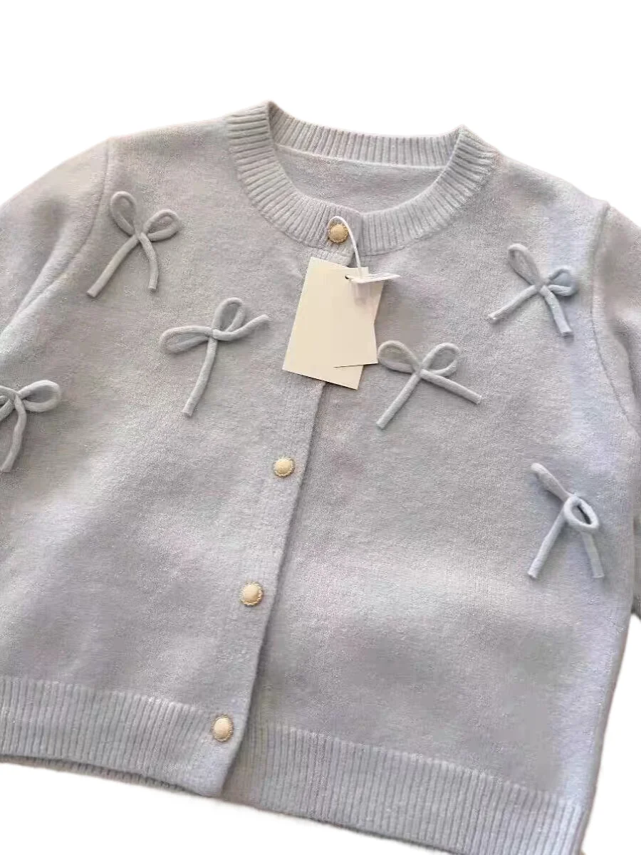 

Round Neck Bow Knit Sweater Women's Single Breasted Long Sleeved Cardigan 2025 Spring Autumn New Temperament Loose