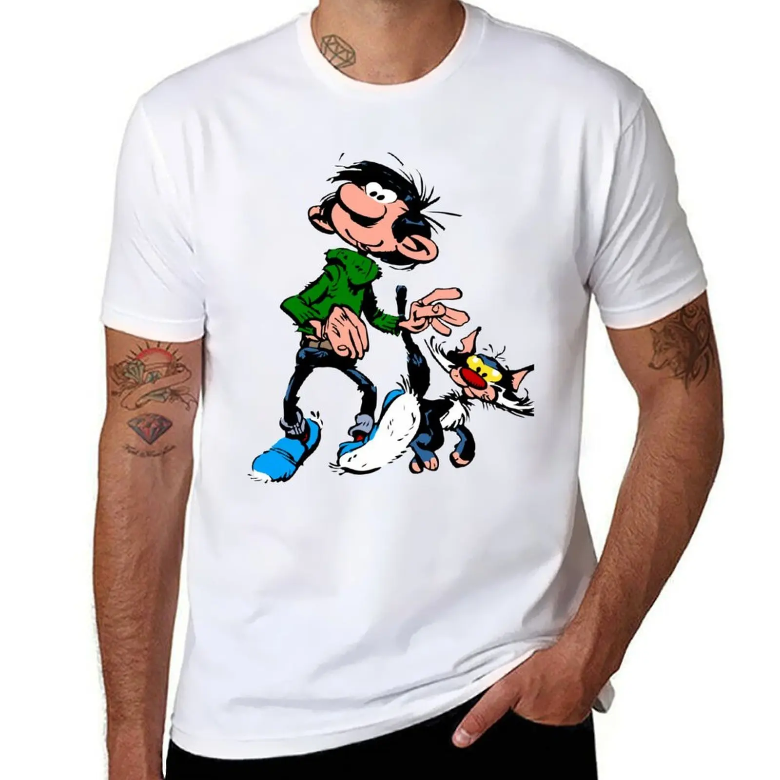 

Gaston Goof Walking with Cat T-Shirt cotton t shirts high quality man t shirts for men T-Shirt
