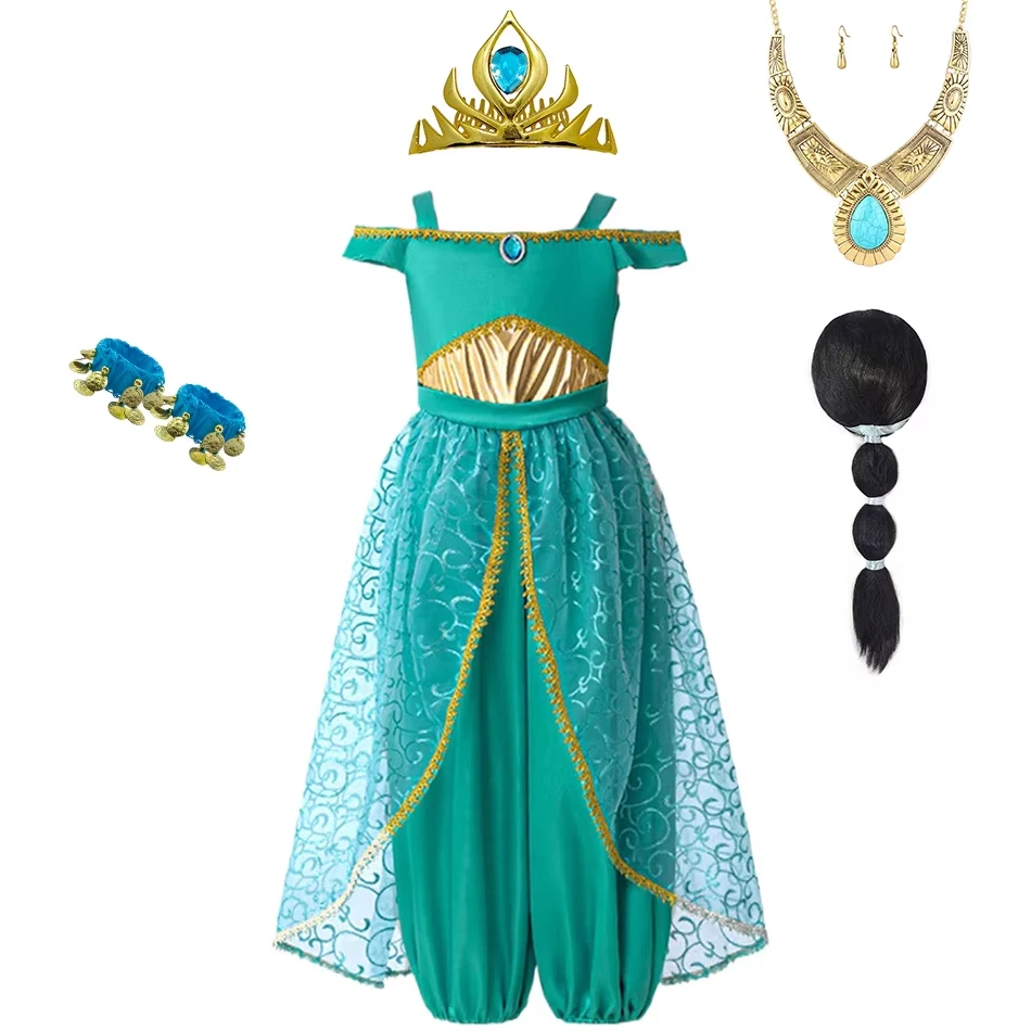 Jasmine Cosplay Dress Girls Children's Day School Stage Performance Clothes Set Kids Green Sequin Tulle Princess Outfits