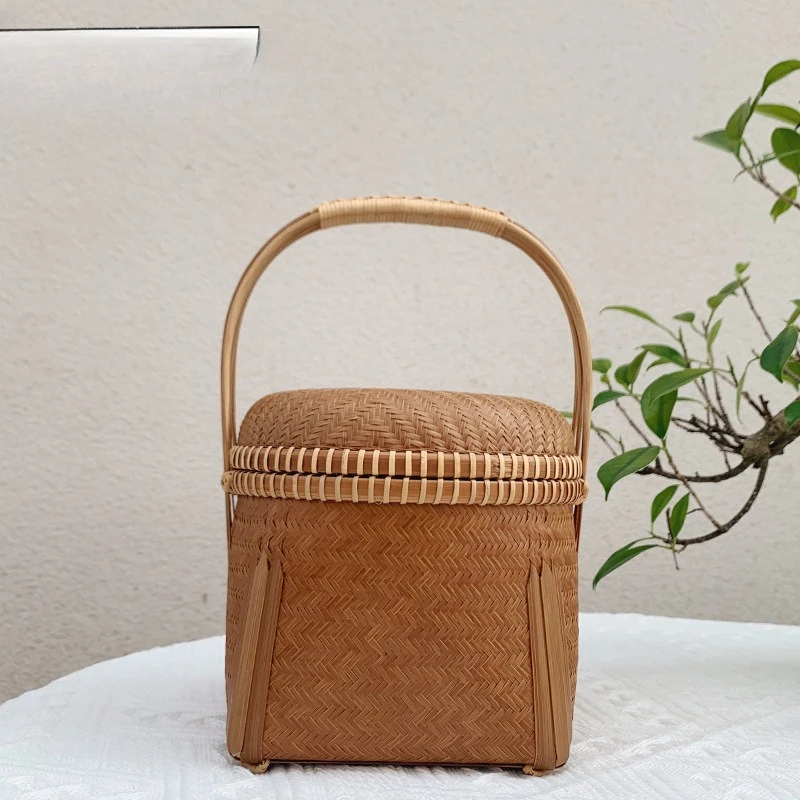 Purely hand-woven, bamboo storage basket, portable storage bag basket
