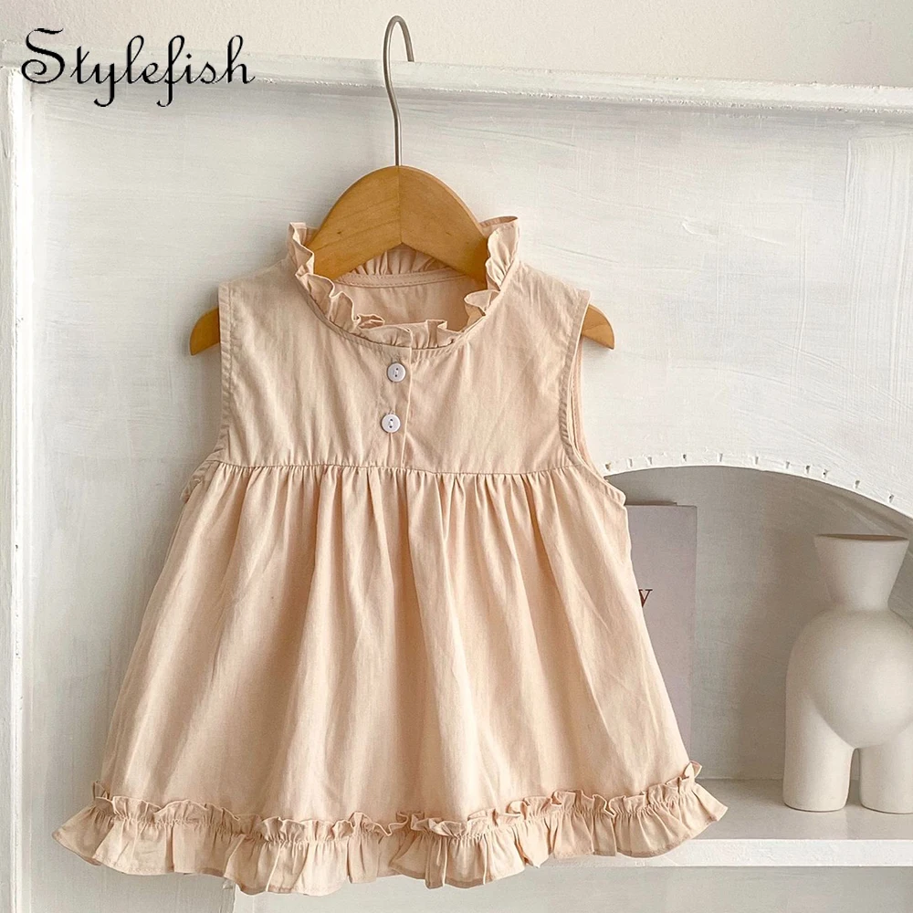 Ins 2023 summer baby girl baby ear sleeveless cotton simple pure color lady skirt